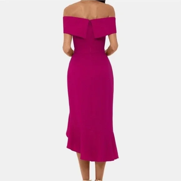 XSCAPE Ruffle High Low Dress Women 6 Off Shoulder Cocktail Wedding Guest MAGENTA - Picture 10 of 10